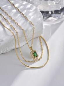 3件套复古祖母绿闪亮立方氧化锆叠戴项链套装，外出、派对和聚会的必备单品