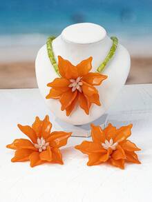3pcs/Set Handmade Floral Earrings & Necklace Jewelry Set, Elegant, Fresh Botanical, Delicate Heart Petal Design, Suitable For Women's Party, Street Style, Daily Wear (Random Color Depth) - Orange - View 3