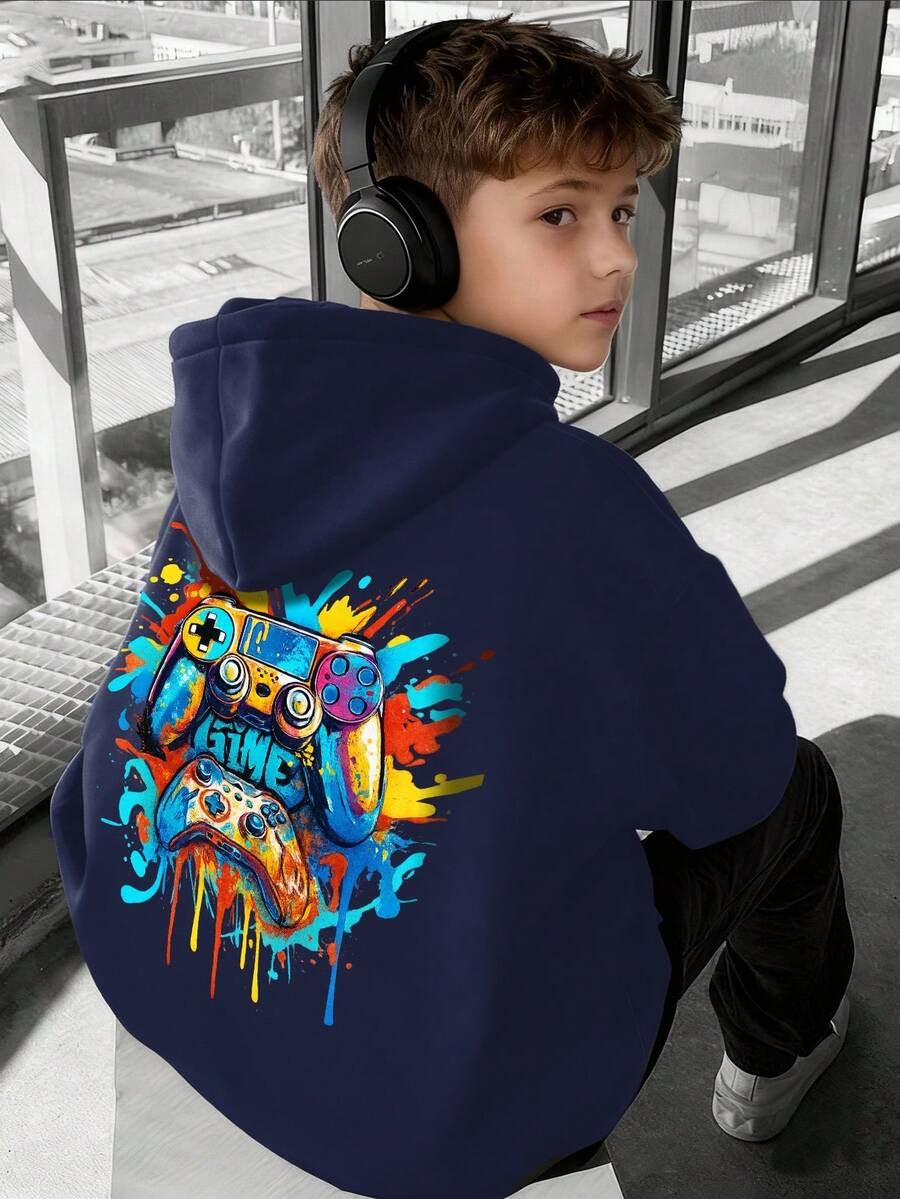1pc Tween Boy Casual Printed Pullover Sweatshirt, Thermal Lined, Long Sleeve, Autumn/Winter - Navy Blue - View 1