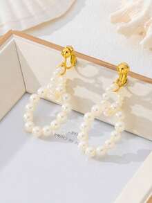 1 Pair French Luxury Romantic Acrylic Faux Pearl Linked Hoop Ear Clips, Suitable For Women's Daily, Party, Travel Wear - Pearl Ear Clips - View 6