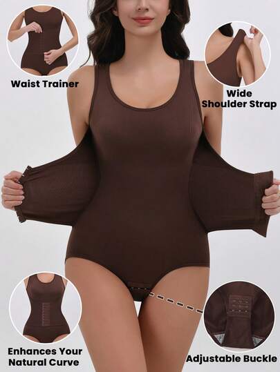 Women's Brown Bodysuit Shapewear - Tummy Control, Waist Tightening And Hip Lifting, Wide Shoulder Bodysuit, With Adjustable Three-Row Buckle
