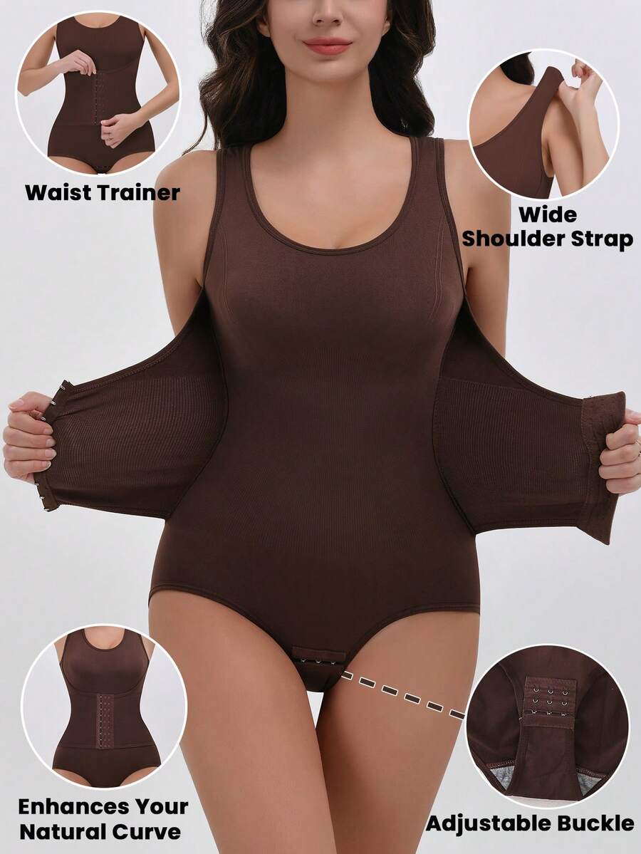 Women's Brown Bodysuit Shapewear - Tummy Control, Waist Tightening And Hip Lifting, Wide Shoulder Bodysuit, With Adjustable Three-Row Buckle - Brown - View 1