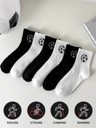 6双装足球图案中筒袜，罗纹边饰，黑白几何图案，男女通用情侣袜，运动休闲两相宜