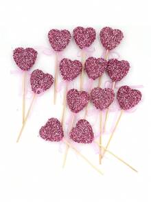 6pcs Shiny Sequin Heart Shaped Decorative Sticks, Wooden Heart Shaped Picks With Ribbons, Suitable For Wedding, Valentine's Day, Birthday, Anniversary Decoration - Princess Theme Party Decor, Plastic And Faux Wood Material, Feather-Free, Fit For Various Festivals - Multicolor - View 2