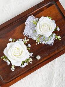 2pcs/Set Elegant Rose & Baby's Breath Brooch And Wrist Corsage Combo, Suitable For Groomsmen, Bridesmaids, Weddings, Parties, Prom, Valentine's Day, Banquets And Other Occasions, Ideal For Groom And Groomsmen Attire And Accessories, Also Applicable For Weddings, Parties, Events, New Year Decorations And Clothing Accessories