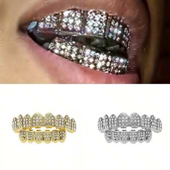 1pc HIPHOP Plated Gold Tooth Grillz With Rhinestones, Suitable For Festivals, Parties, Dates, Nightclubs, Birthday Gifts, Graduation Souvenirs