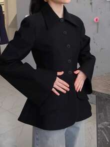 女士优雅纯色单排扣西装外套，梭织面料，带假口袋 - 黑 - 查看 7
