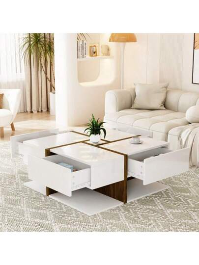 High Gloss Coffee Tafel Drawers, Unique Scheme Linear Storage Space Underneath. 78*78*34.8cm view 3