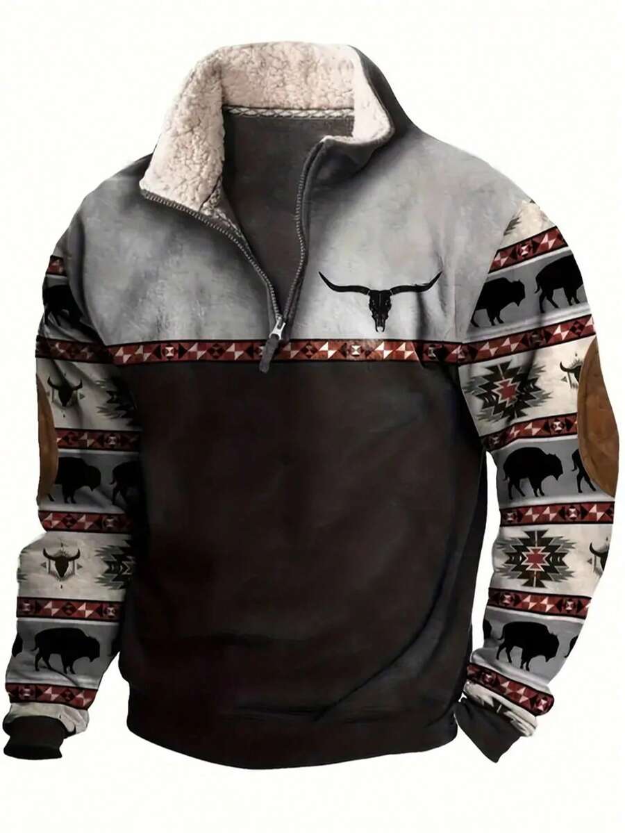 Sudadera con bloques de color estilo western americano, estampado de toros y bisontes, cierre de media cremallera - N2KQ5 - Ver 1
