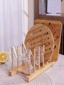 1pc Bamboo Wooden Plate Rack, Kitchen Storage Organizer For Dish, Plate, Bowl, Cup, Pot Lid And Cutting Board, Multifunctional Bamboo Drying Rack, Bookshelf, Home Kitchen Supplies - Multicolor - View 8