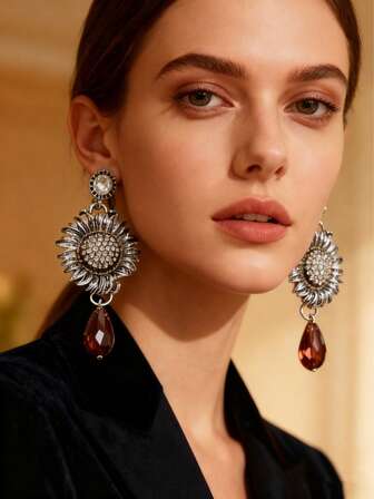 1 par de pendientes colgantes de margarita de cristal con estilo retro de girasol con rhinestone, pendientes de lujo con diseño elegante para uso diario