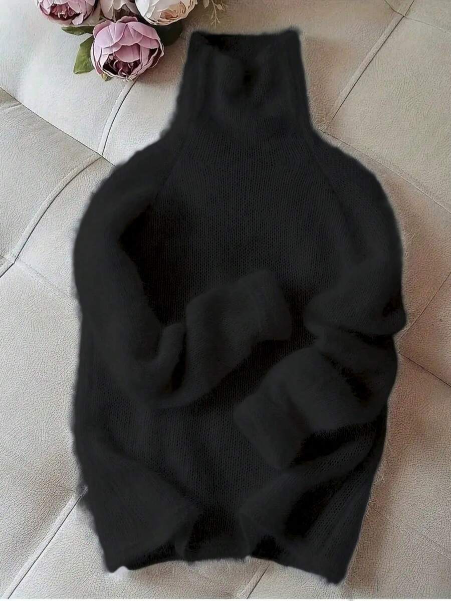 奢华女士白色毛衣，柔软舒适的高领套头衫，适合圣诞节穿着，优雅高领针织上衣，舒适保暖，秋季时尚之选（黑色） - 黑色 - 查看 1