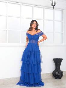 Long Dress With Shimmering Tulle And Off-The-Shoulder Neckline – Romance, Lightness, And Timeless Sophistication* - 寶藍色 - 查看 5