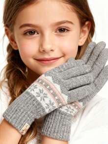 1 Pair Knitted Winter Warm Gloves, Double-Layer Fleece Lining Thickened Design, Textured Pattern, Suitable For Students - Multicolor - View 2
