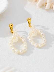 1 Pair French Luxury Romantic Acrylic Faux Pearl Linked Hoop Ear Clips, Suitable For Women's Daily, Party, Travel Wear - Pearl Ear Clips - View 3