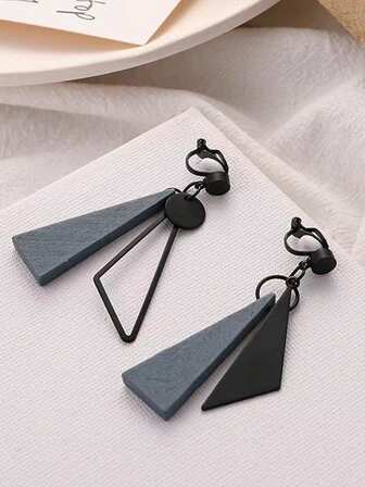 1 Pair Minimalist Wooden Hazy Blue Clip-On Earrings, Asymmetric Black Unique High-End Triangle Clip Earrings
