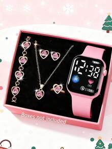 6/1 款女孩时尚优雅浪漫经典 LED 数字显示方形电子表套装。适合女孩佩戴。附赠珠宝手链、项链、戒指和耳环套装。适合学生佩戴。非常适合返校、聚会和旅行等日常生活中使用。非常适合作为送给朋友的礼物、生日礼物、毕业季礼物，也是送给妈妈的完美礼物。 - 彩色 - 查看 10