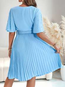 ChicMe 女士珍珠点缀喇叭袖褶皱腰身连衣裙，配腰带，经典时尚，适合办公室、户外和度假穿着。 - 藍色 - 查看 3