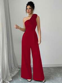 Women's One-Shoulder Jumpsuit With A 3D Rose Print, A Retro And Elegant Wide-Leg Style, Ideal For Banquets, Parties, And Other Occasions. - 紅色 - 查看 5