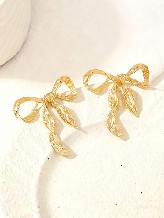 1 Pair Fashionable & Elegant Zinc Alloy Bow Earrings, Suitable For Women's Daily Wear