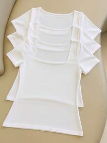 Set Of 3 Basic Blouses In Spandex With Square Neckline And Short Sleeves (Lined) - 白色/白色/白色 - 查看 1