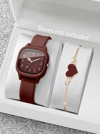 2pcs/Set Women's Silicone Watch With Square Dial & Elegant Quartz Wristwatch + Heart-Shaped Bracelet, No Watch Box Included