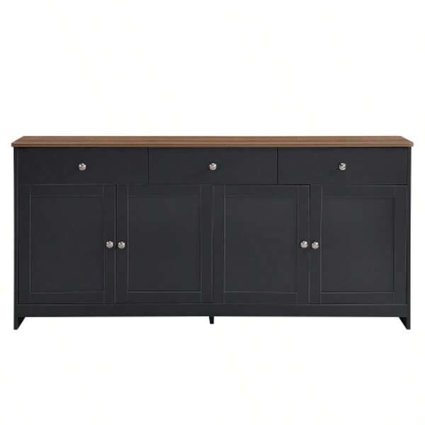 Credenza grigia e nera con venature del legno, quattro ante, tre cassetti, soggiorno, sala da pranzo. Colore legno e grigio-nero.