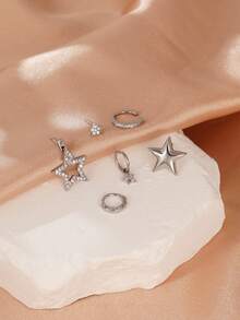 Bộ 6 khuyên tai đính đá Cubic Zirconia hình ngôi sao thanh lịch, khuyên tai kẹp và khuyên tai dài, thích hợp cho phái nữ đeo khi đi dự tiệc, lễ hội âm nhạc, phối đồ nhiều lớp, quà tặng ngày lễ - Bạc - Xem 2