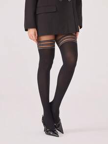 1 buc. dresuri pentru femei 30D, cu dungi argintii, până la coapsă, tip faux, confortabile - Negru - Vizualizare 1