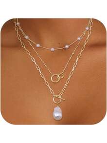 3Pcs Layered 14K Gold Plated Necklaces For Women Dainty Necklace Stack Silver Plated Non Tarnish Free Pendant Chunky Chain Pearl Paperclip Cross Heart Necklace Set For Women - 14K鍍金項鍊+珍珠 - 查看 1