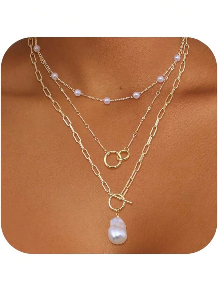 3Pcs Layered 14K Gold Plated Necklaces For Women Dainty Necklace Stack Silver Plated Non Tarnish Free Pendant Chunky Chain Pearl Paperclip Cross Heart Necklace Set For Women - 14K鍍金項鍊+珍珠 - 查看 1