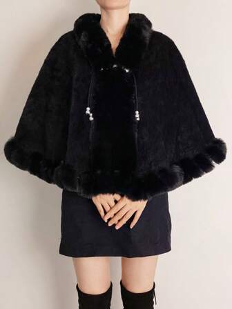 1pc Faux Mink Plush Solid Color Shawl Poncho, Versatile Cloak, Plus Size Women Loose Outerwear, Pearl Button, Faux Rabbit Fur Thick Lining, Suitable For Cheongsam, Autumn/Winter
