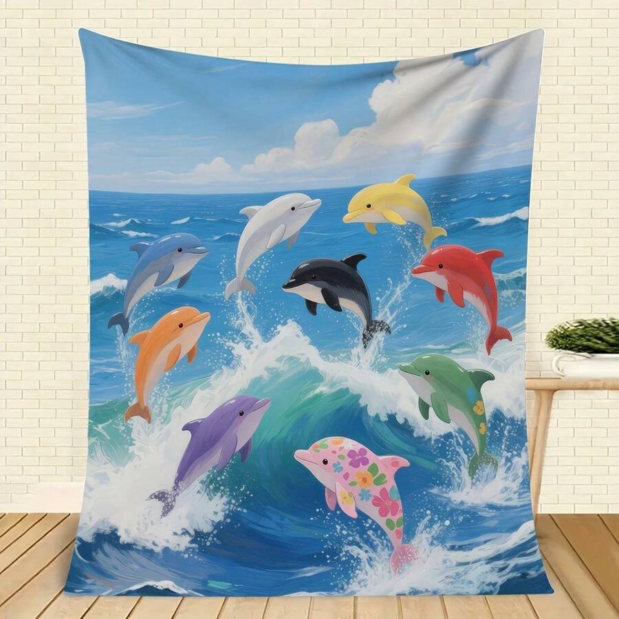 1 Piece Ultra Soft Flannel Blanket - Four Seasons Warmth, Blue And Turquoise Dolphin Jumping Wave Pattern, Thick Flannel Fabric, Suitable For Camping, Sofa, Bed, Office - Machine Washable Indoor And Outdoor Shawl - Ideal Housewarming Birthday Gift, Comfortable Blanket, Sofa Decoration, Modern Style, High-Quality Textile, Multi-Functional Accessory, Great Gift Choice - 30in*40in(76cm*100cm) - View 1