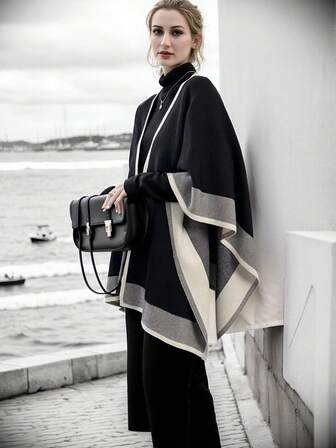 1 pieza Poncho de mujer estilo vintage, cárdigan de color contrastante, chal de punto cálido