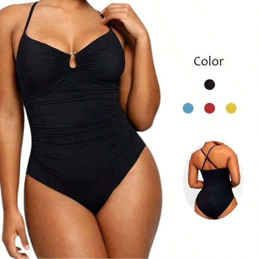 Women's Tummy Control One Piece Swimsuit – Ruched Push Up Swimwear With Cross Back Adjustable Straps, Slimming Vintage Monokini For Beach, Pool, Vacation - màu đen - Xem 1