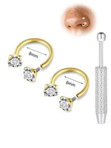 2pcs 16G Horseshoe Septum Nose Ring With 1 Jewelry Grabber, Hypoallergenic 316 Stainless Steel Material, Inlaid With Synthetic Cubic Zirconia And External Thread Design, White Zirconia Internal Thread Nose Ring, Suitable For Nose, Cartilage, Lips, Nostrils, Etc., Unisex Jewelry, Perfect Gift Choice For Halloween, Thanksgiving, Christmas, Birthdays And Other Occasions - Horseshoe-shaped Nose Ring - View 13