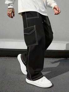1 件男士多口袋加大码工装裤，户外徒步运动长裤，健身锻炼宽松休闲长裤，日常通勤训练跑步街头直筒裤，春秋 - 黑色 - 查看 1