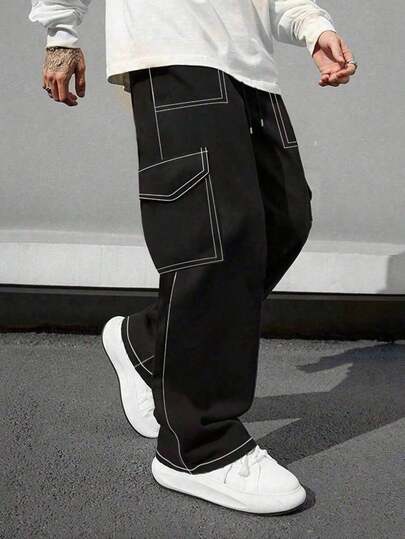 1 件男士多口袋加大码工装裤，户外徒步运动长裤，健身锻炼宽松休闲长裤，日常通勤训练跑步街头直筒裤，春秋