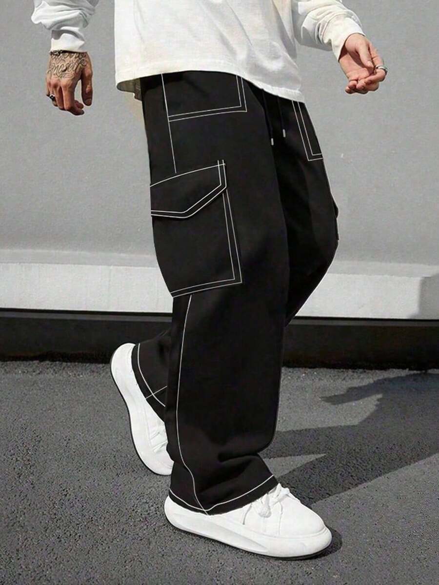 1 件男士多口袋加大码工装裤，户外徒步运动长裤，健身锻炼宽松休闲长裤，日常通勤训练跑步街头直筒裤，春秋 - 黑色 - 查看 1