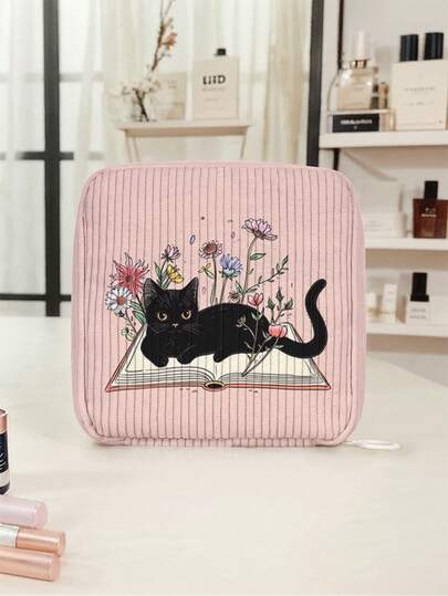Cat Pattern Corduroy Sanitary Pad Storage Bag, Cosmetic Organizer Pouch, Portable Makeup Bag