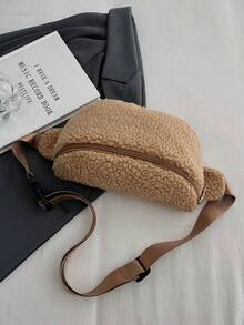 女童秋冬新款时尚大容量羊羔毛腰包女士斜挎包 - 卡其色 - 查看 6