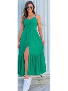 Maria Flor Midi Dress With Thin Straps, Padded Cups, Buttons, And Front Slit. - Green - View 2