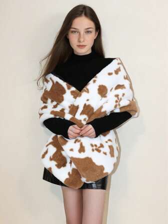 צעיף צעיף הדפס פרווה דמוי פרווה 1pc, פונצ'ו גלימה ארוך במיוחד עם כתף אחת, מתאים לחתונה של כלה, שמלת ערב, סתיו/חורף, ביגוד חיצוני רב-תכליתי