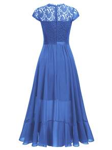 Contrast Floral Lace Chiffon Ruffle Hem Formal Party Long Dress - Blue - View 8