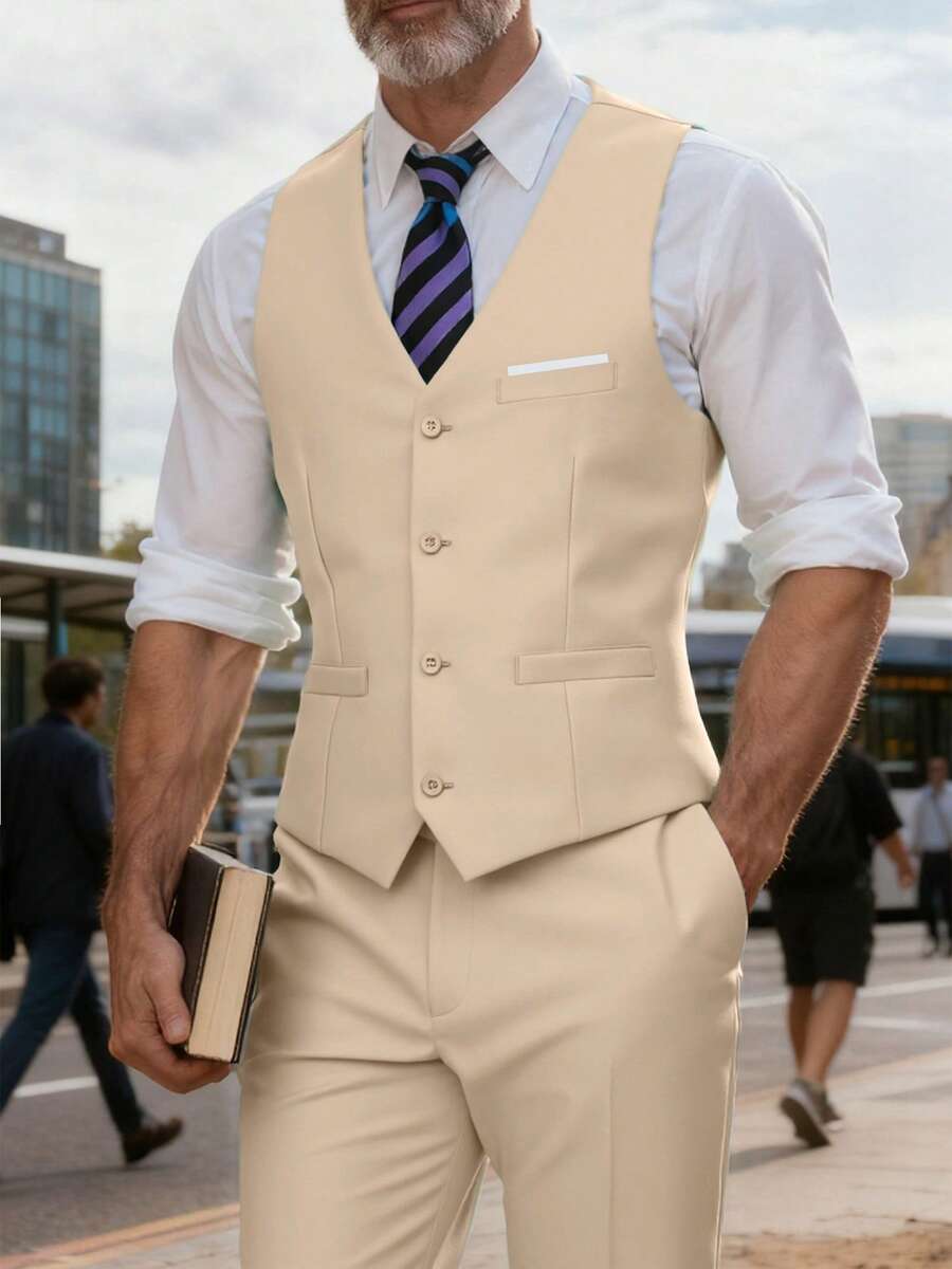 Mens 2 Piece Vest Pants Slim Fit Suit Set V-Neck Solid Dress Suit Wedding Prom Tuxedo For Men Light Champagne - 淺香檳 - 查看 1