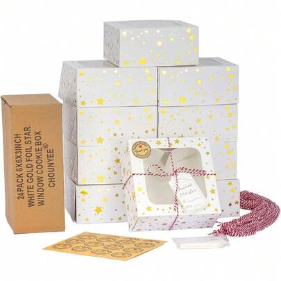24 PCS Christmas Cookie Boxes For Gift Giving, 9x6x3 Golden Star Christmas Treat Boxes With Window, Auto-Up Holiday Cookie Boxes,Baking Goods Packaging Box For Desserts, Mini Cake, Donuts--Christmas Decor, Holiday Decor, Christmas Ornament, Christmas Tree Ornaments, Christmas Supplies, Christmas Gifts