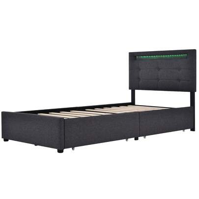 Struttura letto con illuminazione a LED e 2 cassetti, materasso incluso, letto singolo imbottito 90x200cm, testiera regolabile in altezza, rete a doghe in legno