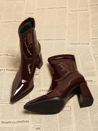 女士漆皮尖头侧拉链粗跟踝靴，时尚复古风，秋冬季，酒红色