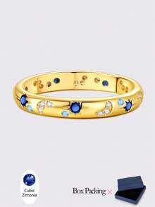 1 Pc Original 925 Sterling Silver Rings For Women 4-10 Sizes Class Star Moon Pattern Cubic Zirconia Stackable Ins European And American Style Elegance Jewelry Gifts Fits Daily Party Shopping - Silver - View 19