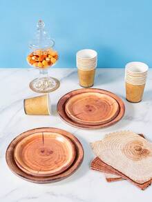 8pcs Wooden Texture Tree Stump Disposable Plate, Napkin And Cup Set, Includes Plates, Napkins And Cups, Suitable For 8 Guests, Disposable Paper Plates Party Supplies For Birthday, Wedding, Theme Party, Family Picnic - Multicolor - View 5